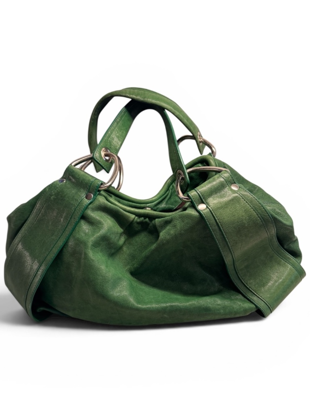 RARE Kooba Emerald Green Leather Hobo Bag Y2K Silver Ring Shoulder Purse